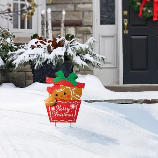 Glitzhome&reg; 2ft. Metal Gingerbread Giftbox Yard Stake {5}