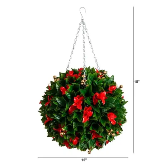 15in. UV Resistant Artificial Red Tip Photinia Christmas Hanging Ball with Gold Berries (Indoor/Outdoor) {3}