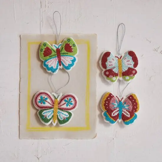 Hello Honey&reg; 4 Pack 4.75" Multicolor Beaded Butterfly Cotton Velvet & Glass Ornaments {3}