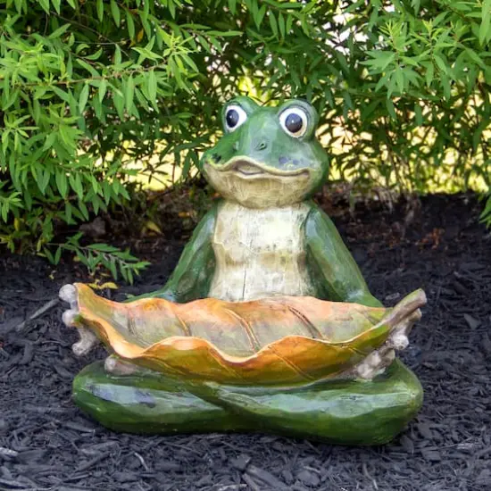 14" Green Frog With Leaf Birdfeeder Outdoor Garden Statue {3}