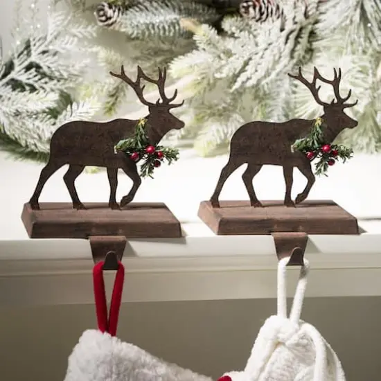 Glitzhome 7" Wooden & Metal Reindeer Stocking Holder {3}