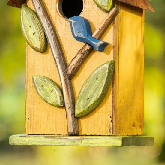 Glitzhome&reg; 9.75" Yellow Distressed Bird & Tree Birdhouse {6}