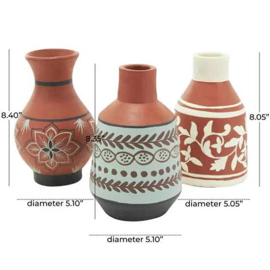 Orange Ceramic Floral Vase Set with 3 Different Patterns & Shapes {15}