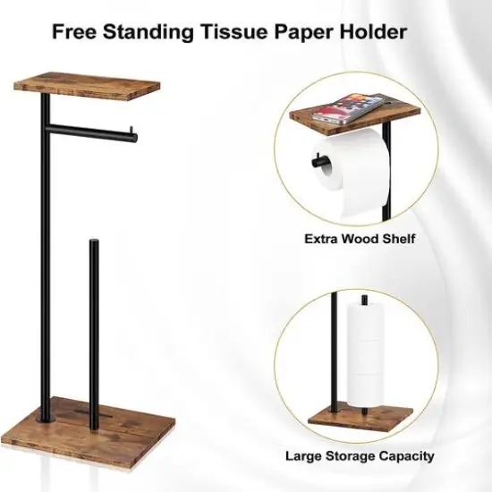 Black Freestanding Toilet Paper Holder Stand with Shelf {5}