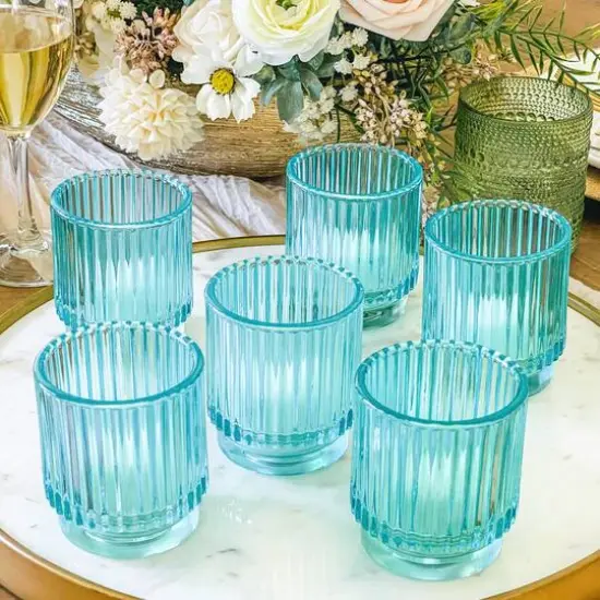 Kate Aspen&reg; Ribbed Blue Glass Votive Candle Holder Set {4}