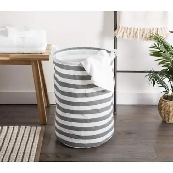 DII&reg; Round Stripes PE-Coated Cotton Polyester Laundry Hamper Gray {4}