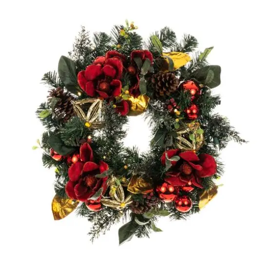 Village Lighting 24" Pre-Lit Red Magnolia Christmas Wreath, Clear LED Lights {4}