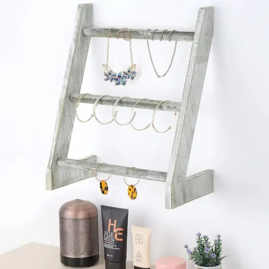 3-Tier Rustic Wood Farmhouse Wall Hanging Ladder Towel Rack Gray {9}