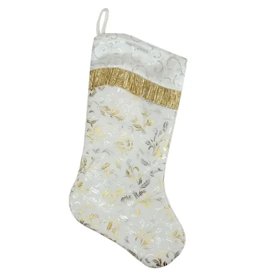 20.5" Silver & Gold Flourish Christmas Stocking with White Sequin Cuff {3}
