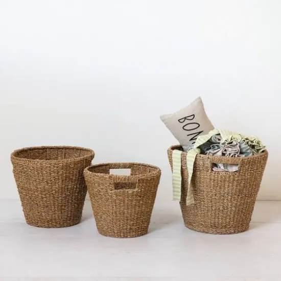 Hello Honey&reg; Natural Round Decorative Handwoven Seagrass Cone Basket Set with Handles {5}