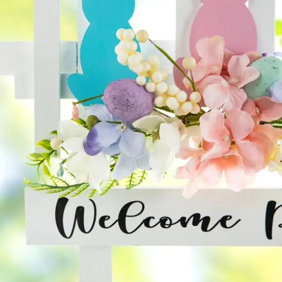 Glitzhome&reg; 14" Easter Wooden Bunny Fence Door Hanger {5}