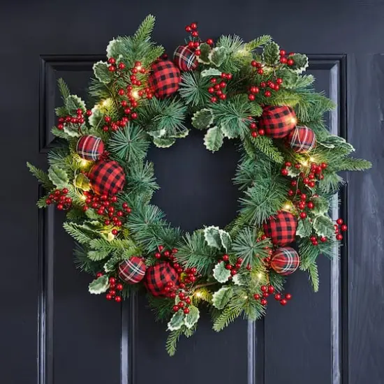 Glitzhome&reg; 24" Pre-Lit Ornament, Berry, Holly & Pine Wreath {4}
