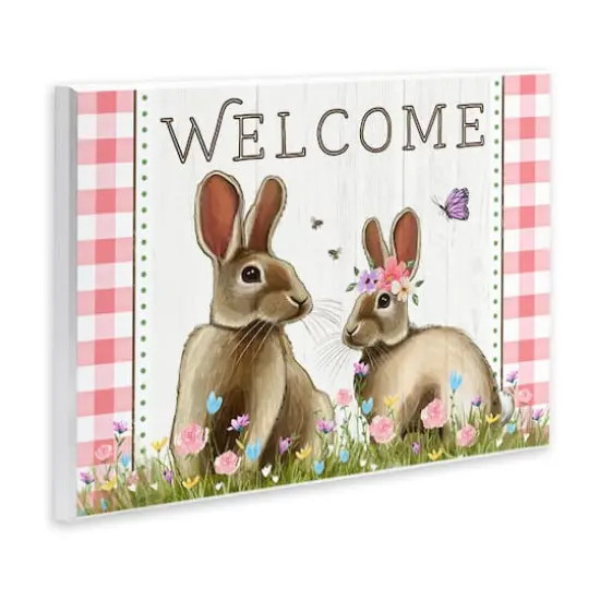 Stupell Industries Welcome Plaid Spring Garden Rabbits Wall Plaque Art {4}