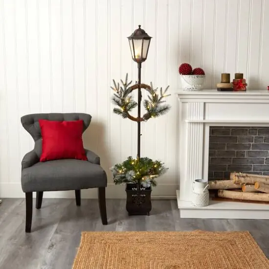 5ft. Pre-lit LED Holiday Decorated Lamp Post With Greenery In Decorative Planter {5}