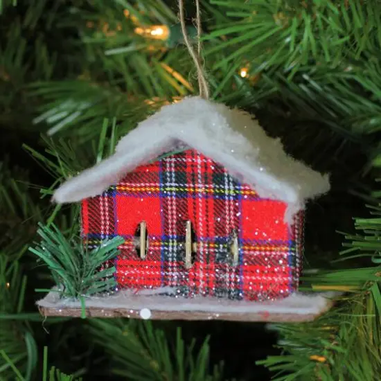 4.5" Frosted & Glittered Red & White Plaid Snow Covered Cabin Christmas Ornament {6}