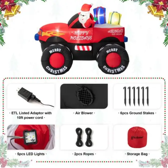 Glitzhome&reg; 7ft. LED Lighted Santa Claus Pickup Truck Inflatable D&eacute;cor {7}