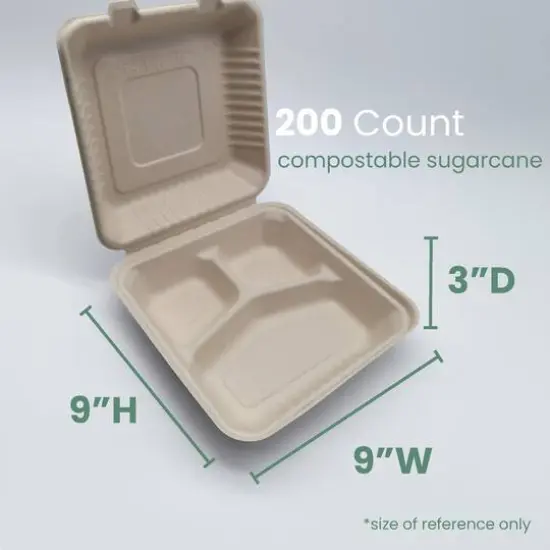 9" Natural Beige Single-Compartment Hinged Compostable Take Out Containers, 200ct. {6}