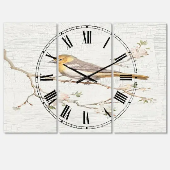 Designart Birds On Blossom II Traditional 3 Panel Wall Clock {1}