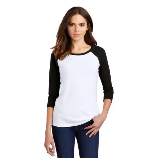 District&reg; Women's Perfect Tri&reg; 3/4-Sleeve Raglan Adult T-Shirt Black/White {4}
