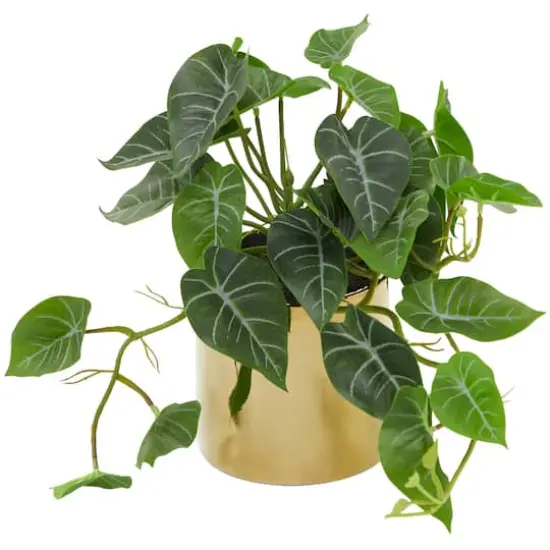 14" Green Faux Foliage Pothos Artificial Plant With Gold Porcelain Pot {1}