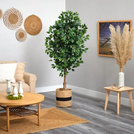 6ft. Ficus Artificial Tree with Natural Trunk in Handmade Natural Cotton Planter {5}