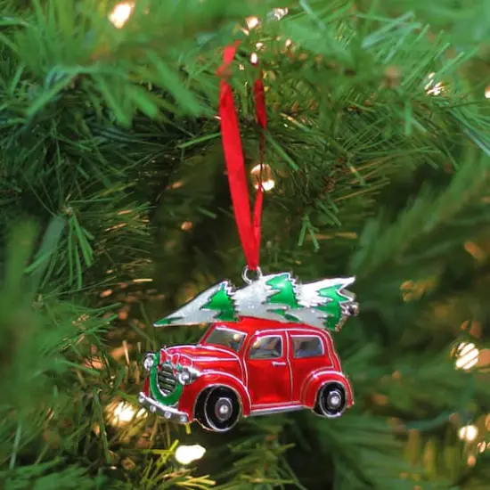 3" Red & White Car with Tree Christmas Ornament {4}