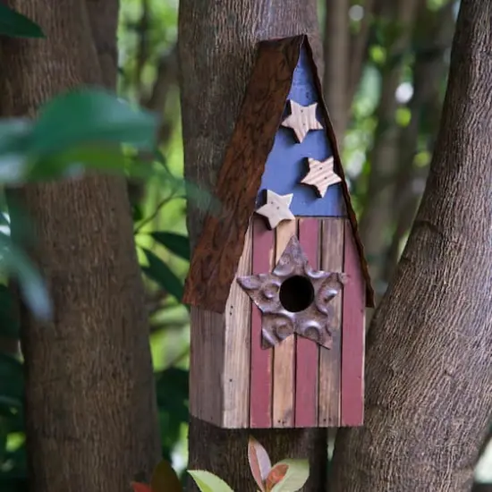 Glitzhome&reg; Distressed Wood & Metal Patriotic Bird House with Stars {10}