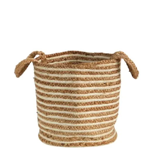 14'' Handwoven Stripe Natural Cotton and Jute Boho Chic Basket Planter {4}