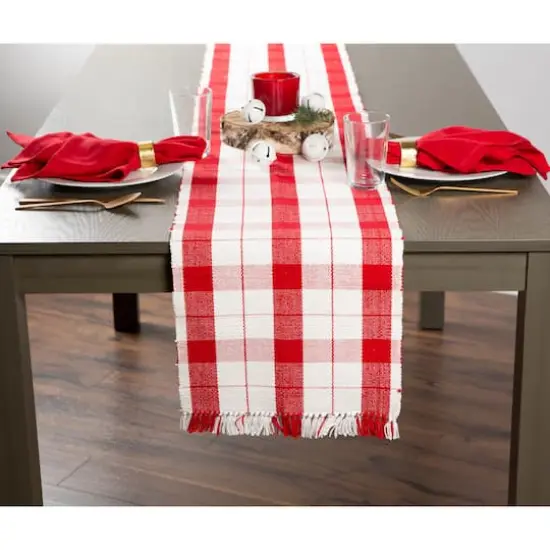 DII&reg; 72" Red Tinsel Plaid Fringed Table Runner {7}