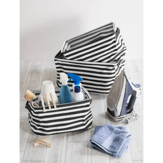 DII&reg; Stripes PE-Coated Herringbone Woven Cotton Laundry Bin Set Black {7}