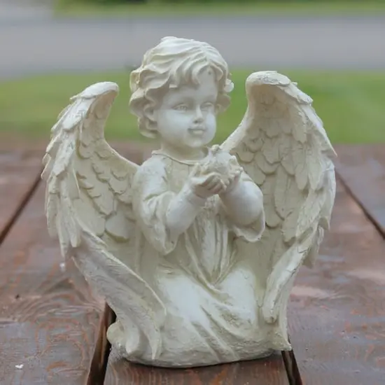 10" Ivory Kneeling Cherub Angel with Dove Garden Statue {4}