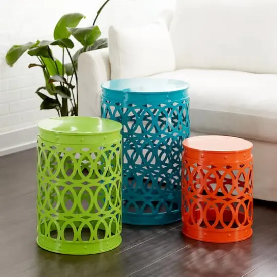 Aqua, Green & Orange Metal Coastal Accent Table Set {3}