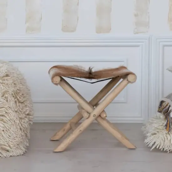 Hello Honey&reg; Natural Teakwood and Goat Fur Folding Stool {4}