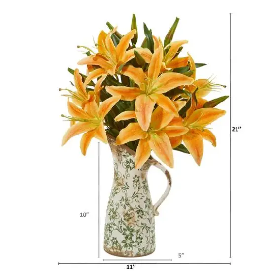 21" Orange Lily Arrangement in Green & White Distressed Floral Pitcher {3}