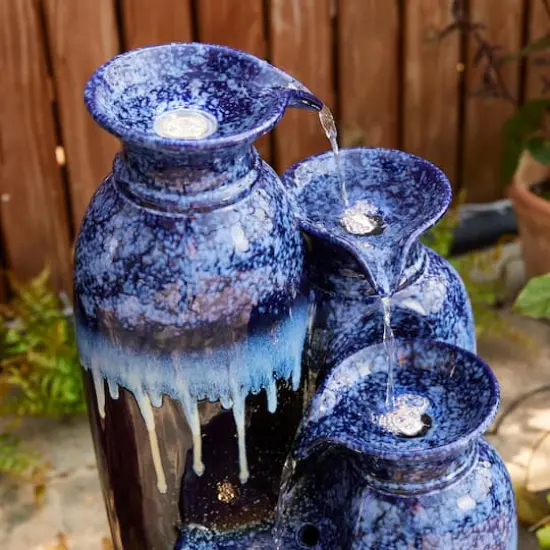 Glitzhome&reg; 30.75" 4-Tier LED Reactive Glaze Ceramic Vase Outdoor Floor Fountain Cobalt Blue and Brown {5}