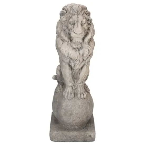 18" Lion Sitting on Ball Pedestal Outdoor Garden Statue {1}
