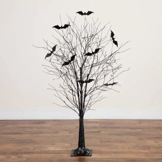 5ft. Pre-Lit Artificial Halloween Black Twig Tree with Bats and 50 Warm White LED Lights {12}