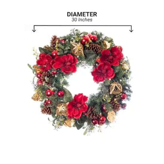Village Lighting 30" Pre-Lit Red Magnolia Christmas Wreath, Clear LED Lights {8}