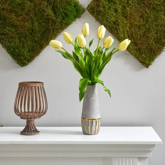 22" Yellow-Red Dutch Tulip Arrangement in Gold Trim Stoneware Vase {4}