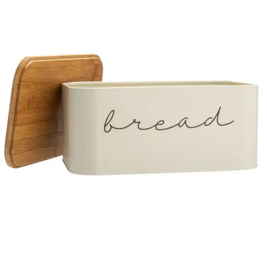 Hello Honey® 11.75" Cream Metal Bread Bin with Bamboo Lid {10}