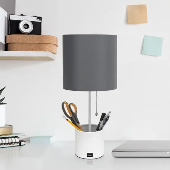 Simple Designs 18.5" Hammered Metal Container Base Table Lamp with USB Charging Port Gray/White {5}