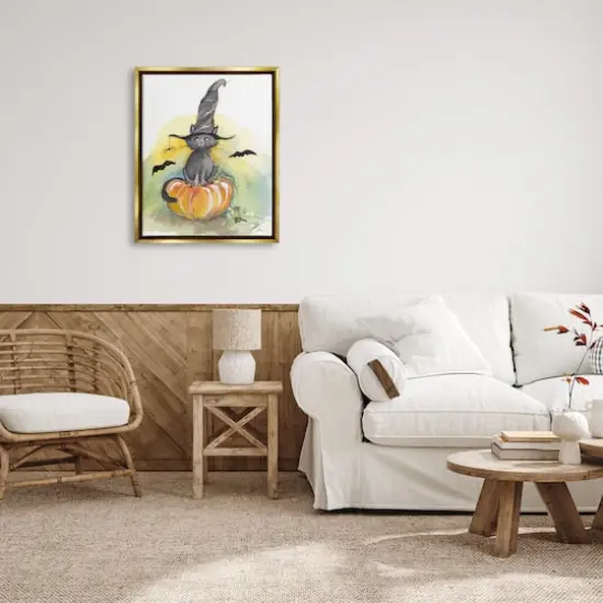 Stupell Industries Witch Cat on Pumpkin Framed Floater Canvas Wall Art {3}