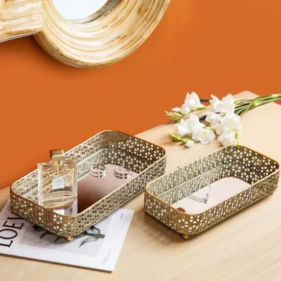 Glitzhome&reg; Gold Rectangle Metal Mirrored Decorative Trays Set {5}