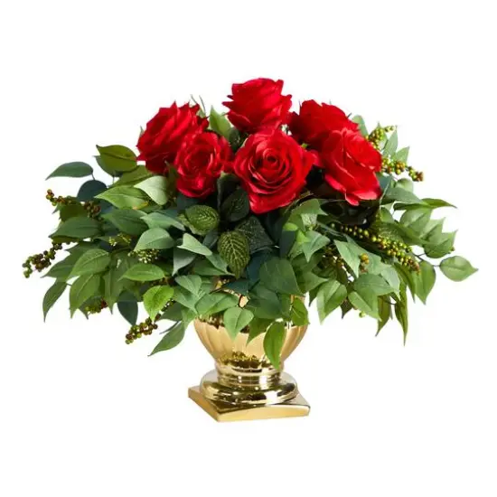 14" Red Rose Floral Arrangement in Gold Urn  {1}