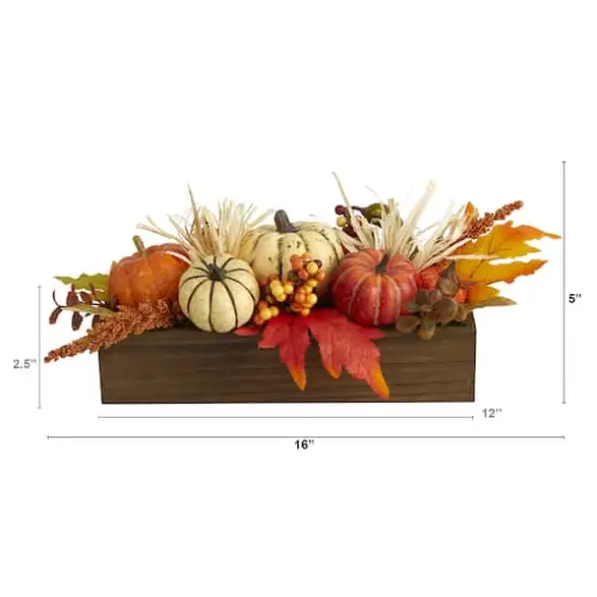 16" Harvest Pumpkin & Berries Arrangement in Wood Container {5}