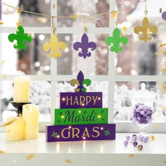 Glitzhome® 11.75" Lighted Mardi Gras Wooden Fleur-de-Lis Block Table Sign {5}