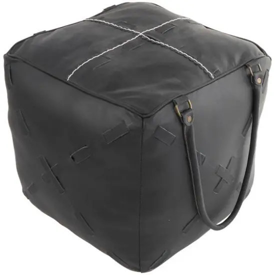 22" Leather Pouf with Woven Straps & Handles Black {1}