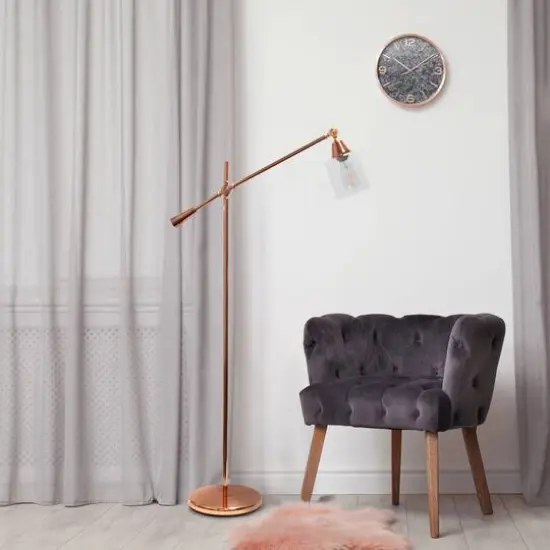 Lalia Home 4.6ft. Swing Arm Floor Lamp with Glass Cylindrical Shade Rose Gold {6}