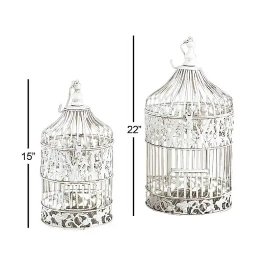 Vintage Distressed White Metal Floral Bird Cage Set {5}