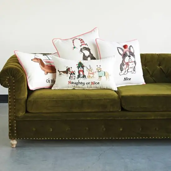 Hello Honey&reg; 24" Embroidered Naughty or Nice Dogs Cotton Slub Lumbar Pillow {3}